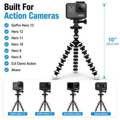 Acuvar 10" Flexible Octopus Tripod for GoPro, DJI Osmo Action & Action Cameras, Bendable Mini Tripod with Action Camera Mount, Quick Release Plate & 360° Ball Head - style: Tripod + Adapter for GoPro