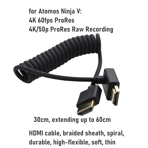 HDMI 8K 4K High Speed Cable for ATOMOS Ninja V Shinobi, Sony A9III A7RV FX30 FX6, Canon C80 C70 R5 Mark II, Panasonic GH6 S5II S1R G9 GH5II, Braided Coiled - color: Black, size: Down Angled to Straight