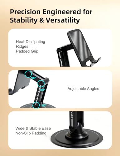 360° Rotating Adjustable Desk Phone Stand with Carbon Steel Base | 180° tilt arm, foldable design, adjustable joint tension, anti-slip silicone pads, fits 4-8 inch iPhone & Android devices