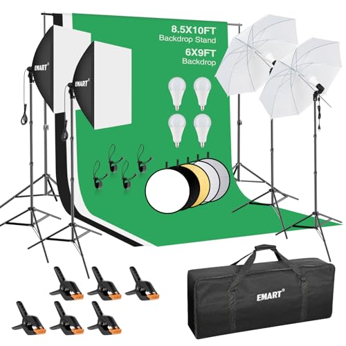 EMART 8.5 x 10 ft Backdrop Support System, Professional Photography Lighting Kit with 5500K 50W LED, 6 * 9ft Backdrop *3, Reflector,Umbrellas&Softbox Lighting Kit for Studio, Portrait, Video Shooting - color: 6x9ft Backdrop*3, size: 8.5 x 10ft System(50W