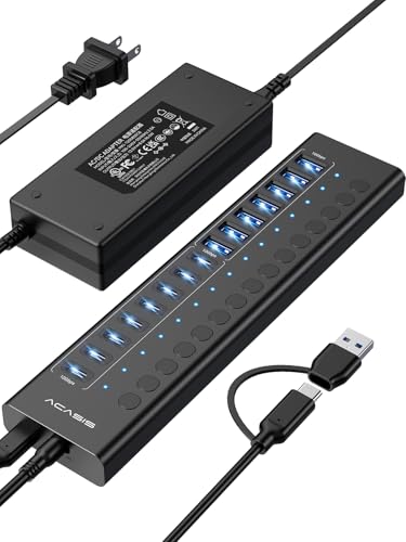 Powered USB 3.2 Hub, ACASIS 16 Ports USB 3.2 Hub(8 USB-A 3.2 Ports+8 USB-C 3.2 Ports), Aluminum USB Hub Powered with 96W Power Adapter, USB Hub for PC/Laptop, Computer, Flash Drive, Printer, Camera - color: Black