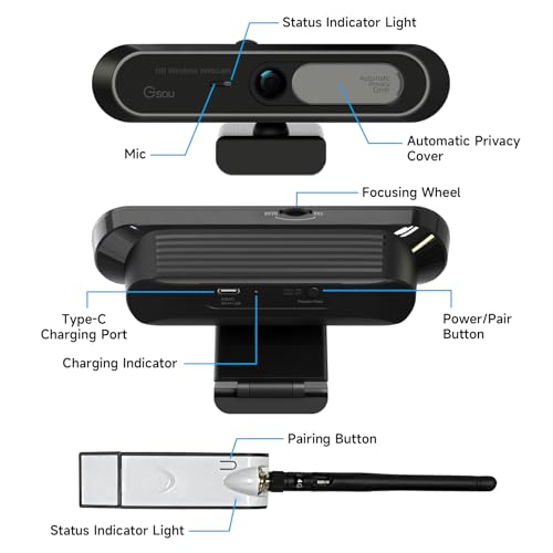 Gsou Wireless Webcam 1080P Full HD with Auto Electric Privacy Cover -2.4G Rechargeable Wireless Computer Camera with Manual Focus Ring, Half-Day Battery Life, Webcam for Streaming, Teams, Zoom, PC/Mac