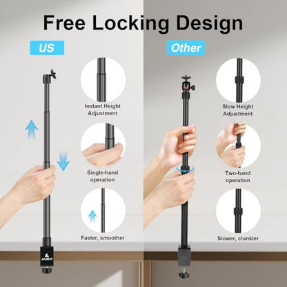 Ailight Desk Mount for Live Streaming, Instant Height Adjustable C-Clamp Stand with Ball Head & Phone Holder, 1/4" Screw for Camera/Smartphone/Webcam, Tool-Free Telescopic for Vlogging & Recording - size: TS6002
