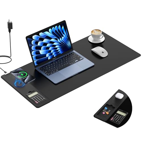 TopMade Mouse Pad with 15W Wireless Charging, Removable 8-Digit Solar Calculator, Exact Large Desk Pad, Waterproof Mousepad Home Office Desk Mat (Includes 20W PD Power Adapter & 6.56ft Woven Cable) - color: Black-Calculator-31.5"x15.8"-with Adapter