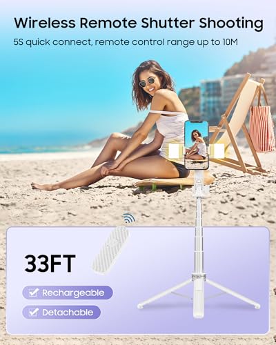53'' Selfie Stick Tripod with Light, Enhanced 4-Leg Cell Phone Stand Camera Tripod with Rechargeable Wireless Remote & 2 Fill Light, Portable Selfie Stick Travel Essentials for iPhone Android - color: White A