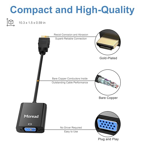 Moread HDMI to VGA, Uni-Directional Gold-Plated HDMI to VGA Adapter (Male to Female) for Computer, Desktop, Laptop, PC, Monitor, Projector, HDTV, Chromebook, Raspberry Pi, Xbox and More - Black