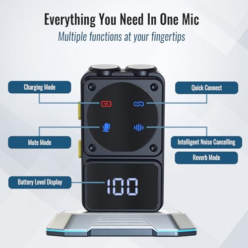 Wireless Lavalier Microphone with Digital Display & Charging Case, Dual Mic for Noise Reduction, 45H Battery, 50M Range, Lightning/USB-C Receiver for iPhone Android, for YouTube, Vlogging