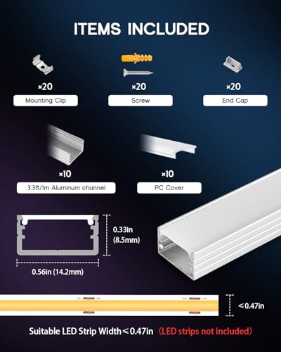 10Pack 3.3FT/1M LED Aluminum Channel U Shape with Milky White Cover Lens for 8/10/12mm LED Strip Lights,LED Diffuser Channel Even Glow for Living Room,Stairs,Kitchen,Cabinet - size: U Shape ≤12mm Width Led