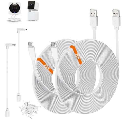 2-Pack 20ft Power Extension Cable Compatible with Wyze Cam v4,Wyze Cam Pan v3,Wyze OG,Wyze Cam v3 and v3 Pro Security Cameras - 6m Long Flat USB to Micro USB Charging Cord with L-Shaped Adapter, White - color: White, size: 20 Feet