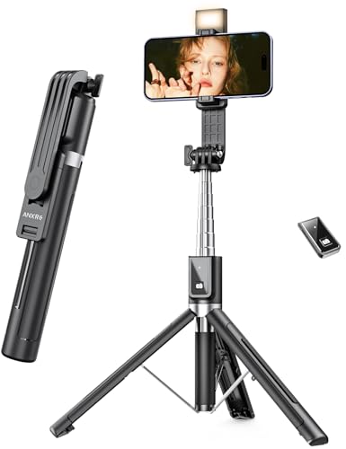 ANXRE Selfie Stick Tripod with Fill Light and Stable Base, Extendable Phone Tripod with Detachable Wireless Remote, 50" Travel Stand for Cell Phone Film & Vlog Compatible with iPhone Android Gopro - size: 50"-Light