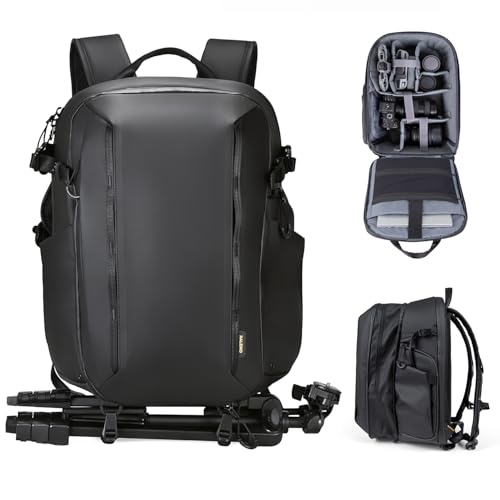RaLeno Camera Backpack Bag, 22L+5L (Expandable Compartment) Waterproof Camera Case with Quick-Access Side Pocket for DSLR SLR Mirrorless Camera Compatible with DJI Mavic Drone/16 Laptop/Tripod Holder
