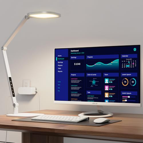 LitONES LED Desk Lamp for Home Office, Professional Eye-Caring Diffused Desk Light, 3 Color 10 Brightness Computer Light, Dimmable Office Lamp with Memory & Timer Func, Metal Swing Arm Table Lamp - color: White