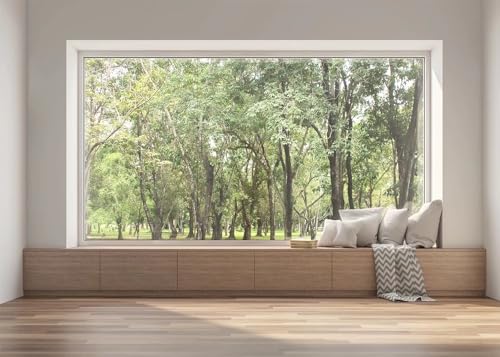 BELECO 5x5ft Fabric Modern Living Room Backdrop House Interior Window Scenery Green Forest Trees Nature Background Wallpaper Home Office Zoom Meeting Video Conference Backdrop Photo Studio Props - size: 5x5FT