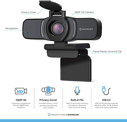 Amcrest 1080P Webcam with Microphone & Privacy Cover, Web Cam USB Camera, Computer HD Streaming Webcam for PC Desktop & Laptop w/Mic, Wide Angle Lens & Large Sensor for Superior Low Light (AWC201-B)