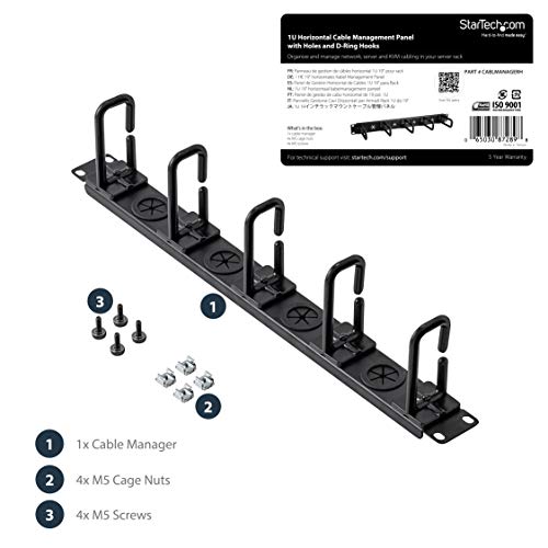 StarTech 1U 19in Horizontal Cable Manager, D-Ring, Steel (CABLMANAGERH) | Passthrough holes, 5 routing loops, Fits 2 or 4-post racks, M5 cage nuts and screws, EIA-310-E, 3.75in depth - style: 1U Horizontal w/Passthrough