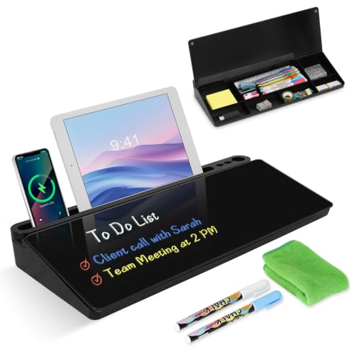 Desktop Glass Whiteboard with Storage, Desk Board with Computer Keyboard Stand, White Dry Erase Board with Drawers for Home, School, Office Desk Organizers and Accessories - Black - color: Organizer-black