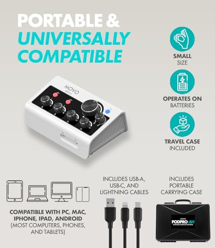 Movo Portable Podcast Equipment Bundle for iPhone/Android Phones- Podcast Kit with Audio Interface, 2 CastMic Dynamic Mics, 2 Stands - For Smartphones, Computers (with Boom Arms and Headphones)