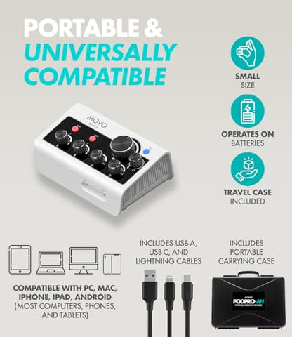 Movo Portable Podcast Equipment Bundle for iPhone/Android Phones- Podcast Kit with Audio Interface, 2 CastMic Dynamic Mics, 2 Stands - For Smartphones, Computers (with Boom Arms and Headphones)