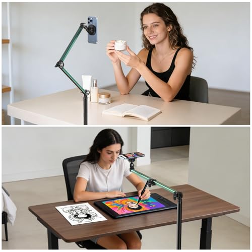 Magnetic Overhead Phone Mount, Cell Phone Stand for Video Recording, 360 Degrees Swivel Tilt Adjustable Floor Camera Filming Tripod. Content Creator Phone Holder, for iPhone/Android (L11-CX)