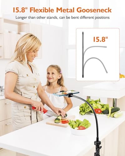 Phone Tripod, 85" Tall Tripod for iPhone with Remote, Gooseneck and Phone Holder, Overhead Phone Stand for Video Recording Watching Cooking Fitness Vlog, Compatible with iPhone Android, Black - size: 85 inch