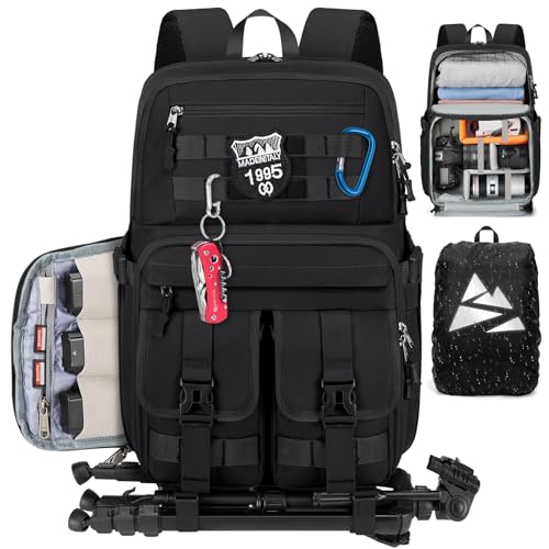 RAINSMORE Camera Bag Backpack for DSLR/SLR/Mirrorless Camera Bags for Photographers 15.6 Inch Waterproof Tactical Photography Case with Rain Cover & Tripod Holder, Black - color: Black