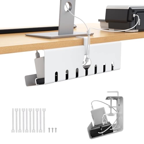Syeeiex 17" Under Desk Cable Management Tray, No-Drill C-Clamp & Screw Mount, Heavy Duty Metal Cord Organizer with Cable Ties, for Office Home Workspace, White - color: White, size: 17"
