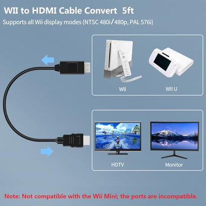 5ft WII to HDMI Converter Cable Adapter,for use with Full HD 1080P Devices with an HDMI Port,Compatible with WII,U,HDTV, Monitor (Black) - color: Black