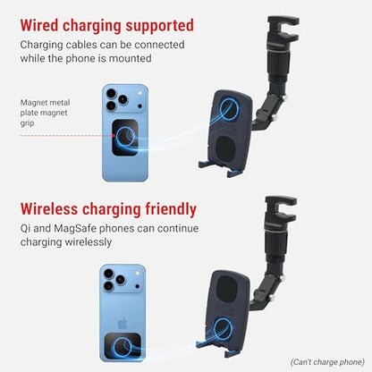 Lounge-IT Car Phone Holder, Magnet+NoSlip Rests, 2-mounts-in-1 Mirror+Vent Mount, Works with iPhone, Samsung Galaxy, Pixel, Motorola, etc, Black