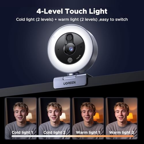 UGREEN 2K Webcam with 4-Level Ring Light | Microphone, Privacy Cover, Compatible with Switch 2, Streaming, Conference, Zoom, Teams, Computer/Laptop/MacBook