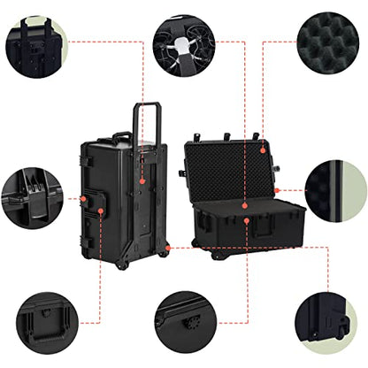 MEIJIA Premium Waterproof Rolling Hard Camera Case,Hard Protective Case with customizable fit foam and wheels,Full Protection with Light&Convenient Design,Elegant Black (31.3"X20.3"X15.5") - size: 31.3"X20.3"X15.5"