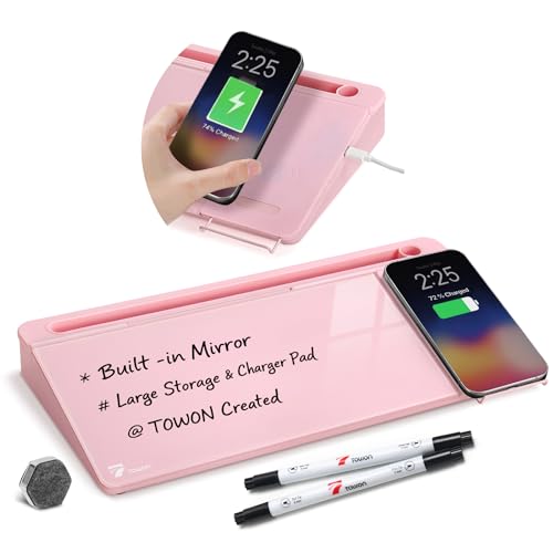 TOWON Desktop Glass Whiteboard with Charger Pad, Small Desk Whiteboard - Glass Dry Erase White Board- Desk Computer Buddy with Storage, Mirror and Charging Station, Pink, 17 x 6 in - color: Charger Pink