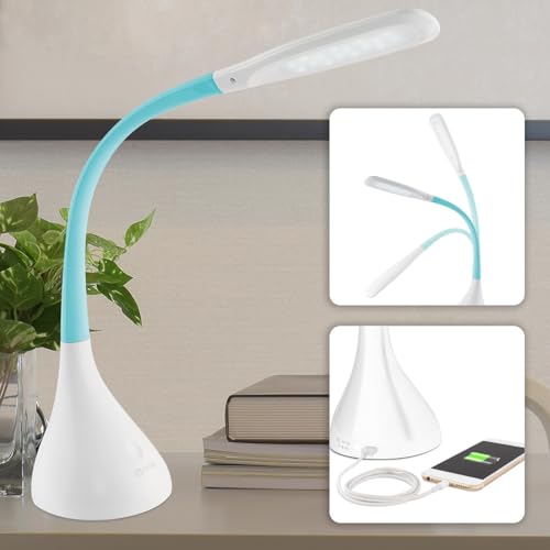 OttLite Creative Curves LED Desk Lamp with USB Port, White with Turquoise | ClearSun LEDs Reduce Eyestrain | 4 Brightness Settings | Adjustable Flexible Neck | 11.25 to 23.75 inches - color: White/Blue