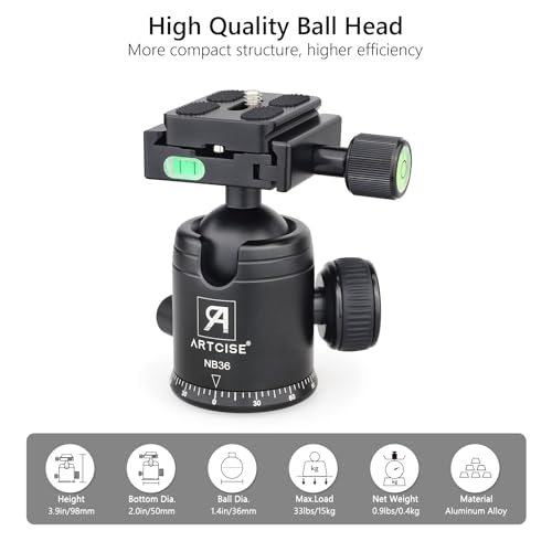 ARTCISE Tripod Ball Head Camera Tripod Ball Head Mount 36mm Diameter Ball ARTCISE All Metal CNC Professional Aluminium 360 Rotating Panoramic Ball Head Max Loading 33lbs