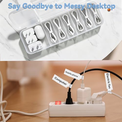 Cable Management Kit, Cord Organizer Box, Cable Clips & Labels | All-in-One Desk Cable Organizer and Storage Solution for Home Office, Wire Management Set