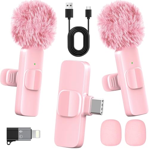 Pink Wireless Lavalier Microphone for iPhone & Android - Mini Clip-On Mic with Noise Cancellation, 65ft Range, 8H Battery, USB-C/Lightning - for TikTok, YouTube, Podcast, Live Streaming - color: Pink