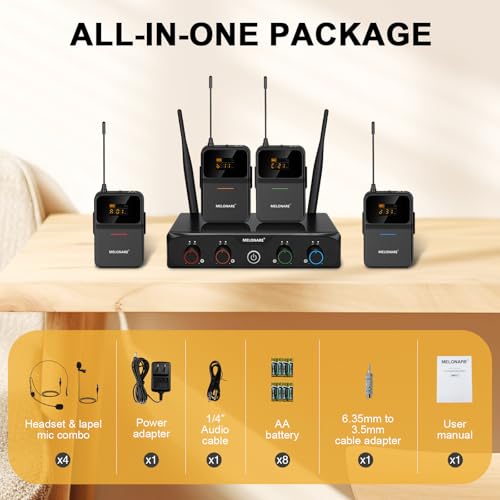 MELONARE 4-Channel Wireless Microphone System,UHF Compact Cordless Mic Set w/ 4x10 Frequencies, 200ft Range, 4 Bodypacks & Headset/Lapel Microphones for Singing, Church, Conference (MWM-41-4B) - size: 4 Bodypack Mics