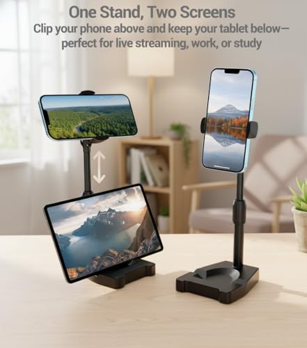 Dual Phone Holder Mount Suitable for iphone 17, 360 Degree Rotating Tablet and Phone Holder Mount, Foldable Phone Stand, Office Desk Accessories for iPhone 17 16 15 14 Pro Max Air, Galaxy S25