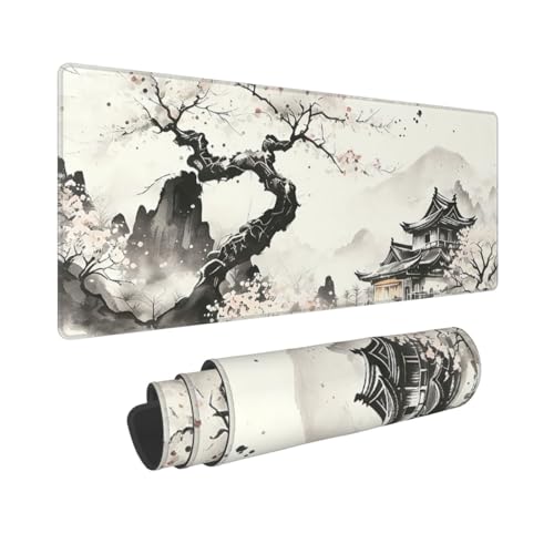 Japanese Cherry Tree Large Gaming Mouse Pad, Long Extended Full Mouse Mat Desk Pad for Top Keyboard Table, Aesthetic Cute Big Stitched XL Mousepad Gifts for Women Office Decor, 31.5 * 11.8 in - color: Japanese Cherry Tree