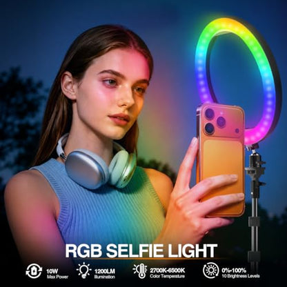 EMART 10" Ring Light with 51" Extendable Tripod Stand Phone Holder Wireless Bluetooth Remote,16 RGB Colors 13 Dynamic Modes & 10 Brightness Levels Selfie Ringlight for Phone Live Streaming Makeup - size: 10'' RGB