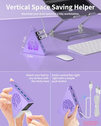 7-Port USB 3.0 Hub, Light Purple Vertical USB Splitter with Tree-Inspired RGB Lights, 5Gbps High-Speed Transfer, 2FT Cable, Compatible with MacBook, PC, Flash Drive, Console, Printer, Camera - color: 2-Tree Light Purple