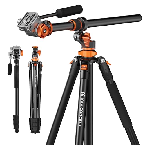 K&F CONCEPT 90''/230cm Overhead Camera Tripod, Horizontal Shooting Video Tripods with Fluid Head Heavy Duty, Detachable Monopod, for Indoor and Outdoor Use T254A7+FH-03 - size: T254A7+FH-03