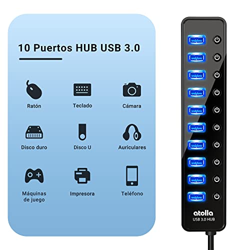 Powered USB 3.0 Hub, atolla 10 Ports USB Data Hub Splitter with Individual ON/Off Switches and 12V/2.5A Power Adapter USB Extension for Mouse, Keyboard, Hard Drive or More USB Devices
