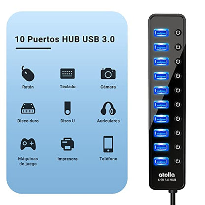 Powered USB 3.0 Hub, atolla 10 Ports USB Data Hub Splitter with Individual ON/Off Switches and 12V/2.5A Power Adapter USB Extension for Mouse, Keyboard, Hard Drive or More USB Devices