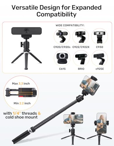 Webcam Tripod for Desk, Extendable Web Cam Stand Mount with Phone Holder for Logitech Webcam C920 C922 C922x C925e C930 C930e C615 Brio 4K NexiGo N60, GoPro Camera and Ring Light with 1/4" Thread - size: Tripod Base