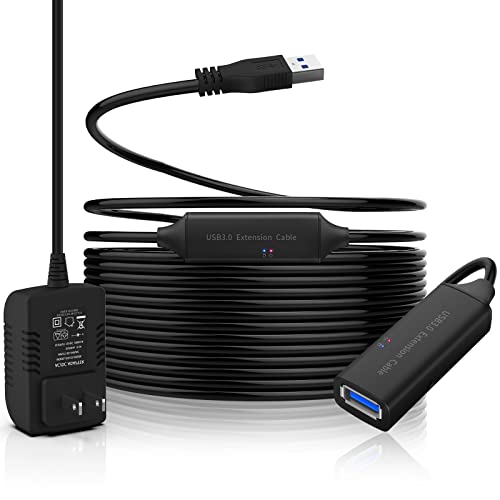 USB 3.0 Active Extension Cable, 32 Feet USB 3.0 Male to Female Extender Cord with 5V 2A Power Adapter, 2 Chipsets Signal Booster for VR, Webcam, Xbox, PS4, Keyboard, Printer, etc