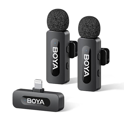 BOYA BY-V2 Wireless Microphones for iPhone iPad with MFi Certified Lightning Port, 328ft Range, 9H Battery Life, Noise Reduction Mini Mic Clip on Lapel Microphone Wireless for Video Recroding - size: 2TX+Lightning RX
