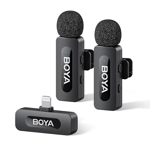 BOYA BY-V2 Wireless Microphones for iPhone iPad with MFi Certified Lightning Port, 328ft Range, 9H Battery Life, Noise Reduction Mini Mic Clip on Lapel Microphone Wireless for Video Recroding - size: 2TX+Lightning RX