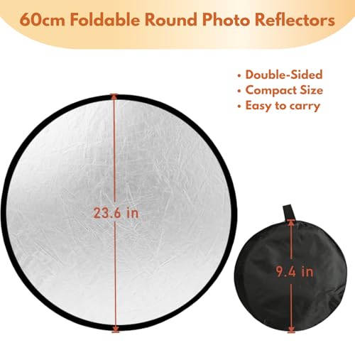 2 in 1 Photo Collapsible Photography Reflector 24'' Portable Camera Panel for Studio Outdoor Lighting Indoor Shooting, Video Portraint Photography Diffuser, White and Silver Reflector for Selfies