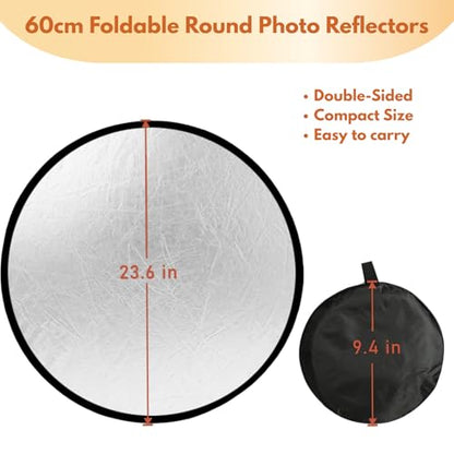 2 in 1 Photo Collapsible Photography Reflector 24'' Portable Camera Panel for Studio Outdoor Lighting Indoor Shooting, Video Portraint Photography Diffuser, White and Silver Reflector for Selfies