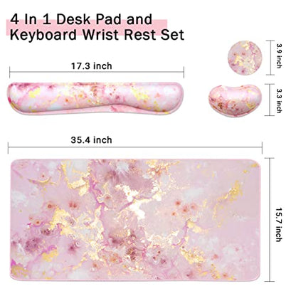 4-in-1 Large Gaming Mouse Pad, Keyboard Wrist Rest Pad & Wrist Support Mousepad Set, Extended Desk Pad Waterproof Desk Mat for Home Office Study Game-Pink Gold Marble - color: Pink Gold Marble-2